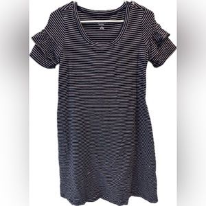 Isabel maternity pink and blue striped tshirt dress with ruffled sleeve